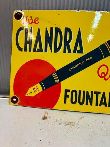 Chandra Fountain Pens – Vintage emaille reclamebord – Vulpen, Antiek en Kunst
