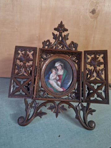 Huisaltaar met miniatuurschilderij - Madonna met Kind - 36, Antiek en Kunst