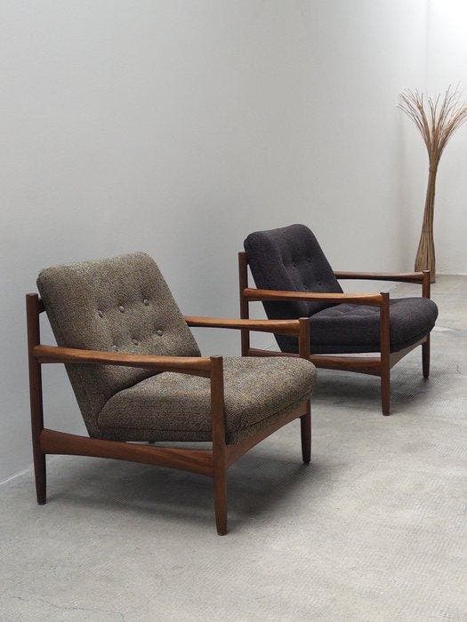 im Stil von Ib-Kofod Larsen - Fauteuil (2) - Teck, Textile -, Antiquités & Art, Antiquités | Meubles | Chaises & Canapés