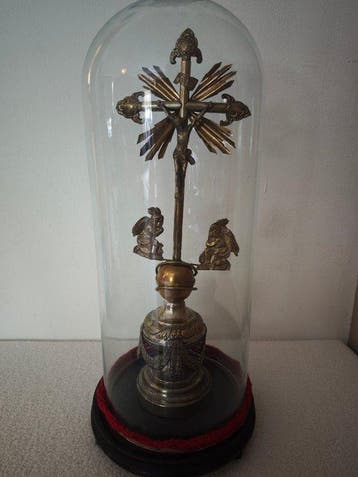 Crucifix - Messing, Glas, Hout - 1850-1900 - Cucifix onder