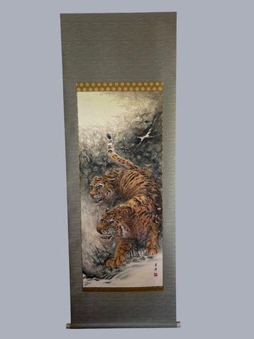 Twee tijgers in een bamboebos — Japanse hangscroll door