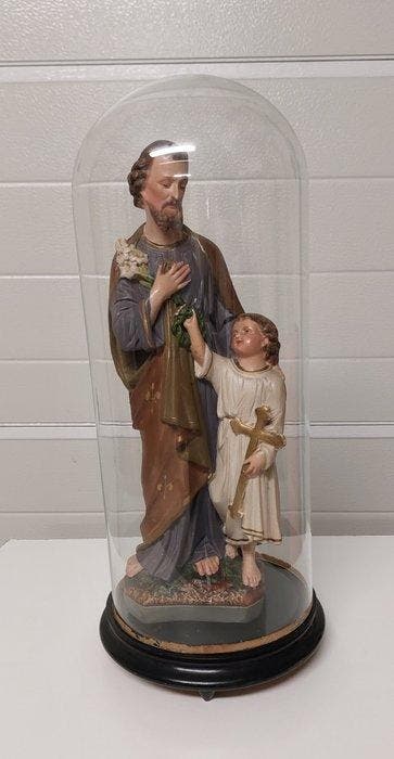 Beeld - Sint Jozef met Kind onder stolp - 42 cm (2) - Gips,, Antiek en Kunst, Antiek | Boeken en Manuscripten