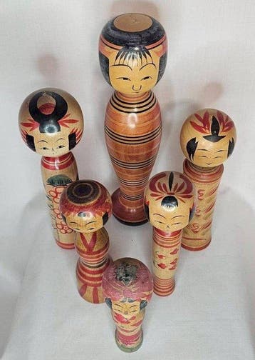 Verzameling van 6 vintage Kokeshi-poppen – Traditionele, Antiek en Kunst, Antiek | Speelgoed