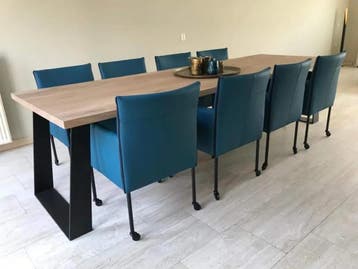 Set van 8 blauwe leren kuip eetkamerstoelen met wieltjes -, Ophalen of Verzenden, Nieuw, Eén