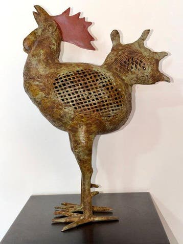 Beeldje - Grand Coq du Bénin (Okpa) 43 cm - Brons, Antiek en Kunst