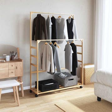 vidaXL Kledingrek met schappen en wielen 90x35x155 cm bamboe, Verzenden
