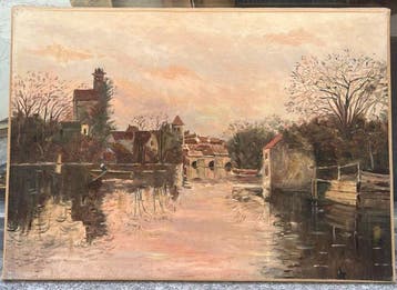 Franse school (XIX) - Paysage village au bord de leau, Antiek en Kunst, Kunst | Schilderijen | Klassiek