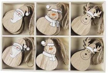 Houten hangers figuurtjes met touw kerst winter 5.5 cm doos, Nieuw