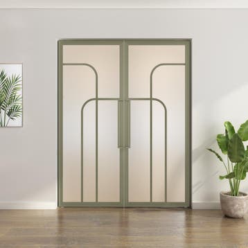 Dubbele stalen taatsdeur Olijfgroen 4 Vlaks rond Mat glas, Minder dan 80 cm, Overige typen, Nieuw, Metaal
