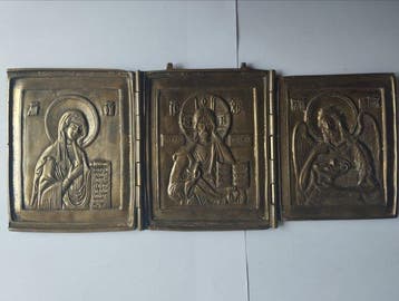 Icône - Deèsis, Triptyque - Bronze, Antiquités & Art