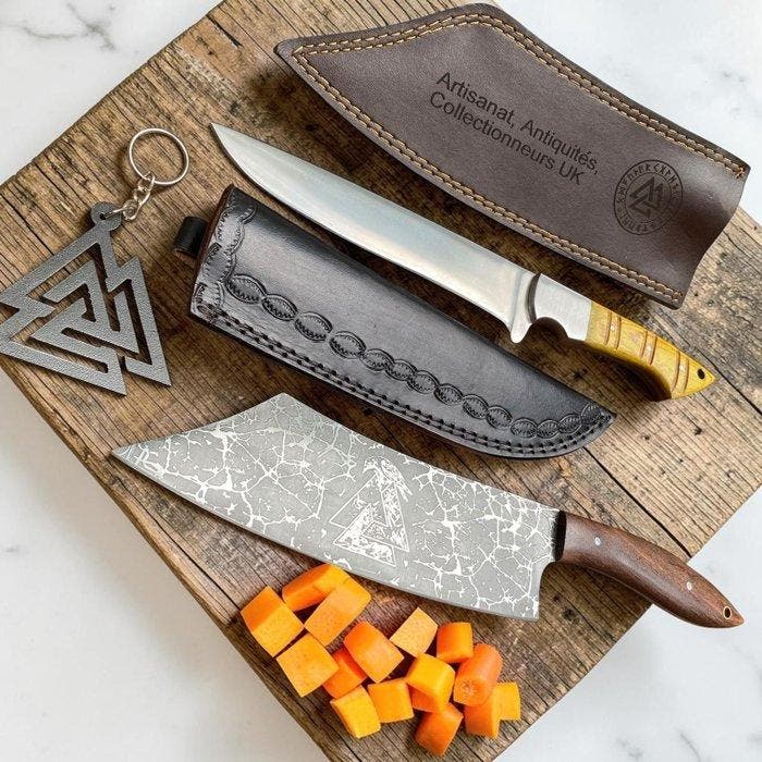 Hand-Forged with Old Steel, Japanese Style Knives with cover, Antiquités & Art, Antiquités | Ustensiles de cuisine