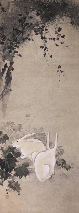 Kakejiku (), Usagi Zu (), Colour on Silk - Okutani