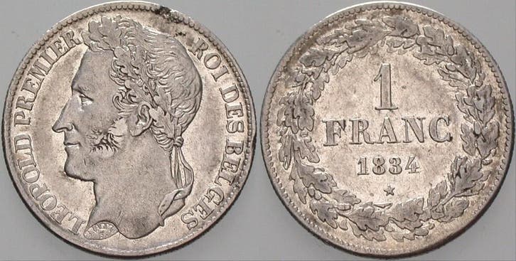 1 Franc 1834 Belgie-koenigreich Leopold I 1831-1865, Postzegels en Munten, Munten | Europa | Niet-Euromunten, België, Verzenden