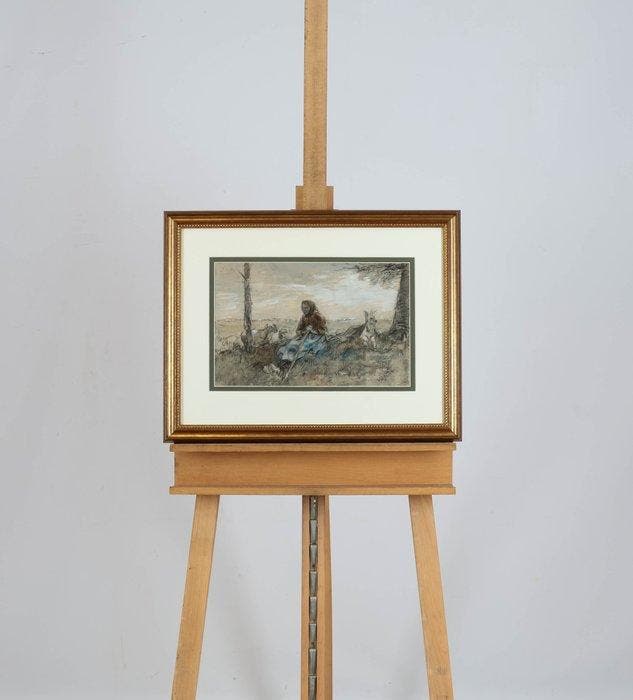 Willem Hendrik van der Nat (1864–1929) - Schapenhoedster aan, Antiek en Kunst, Kunst | Schilderijen | Klassiek