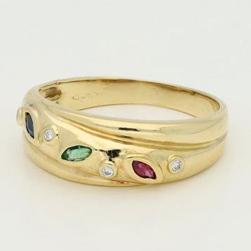 Bague - 18 carats Or jaune Émeraude - Diamant - rubis/saphir, Nieuw