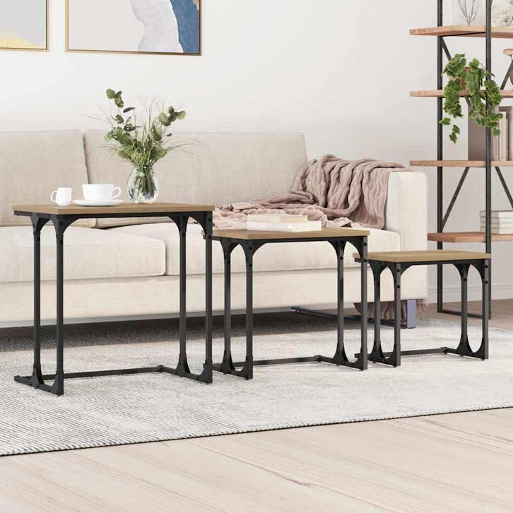 vidaXL Nest Koffietafel 3 pcs artisanaal eikenkleurig, Maison & Meubles, Tables | Tables de salon, Envoi