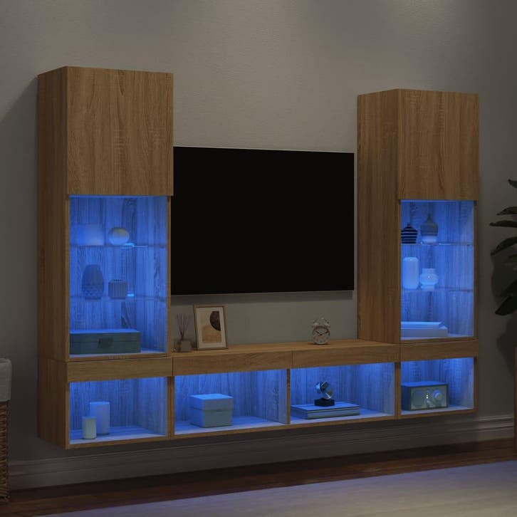 vidaXL 5-delige Tv-wandmeubelset met LED bewerkt hout sonoma, Maison & Meubles, Armoires | Mobilier de télévision, Envoi