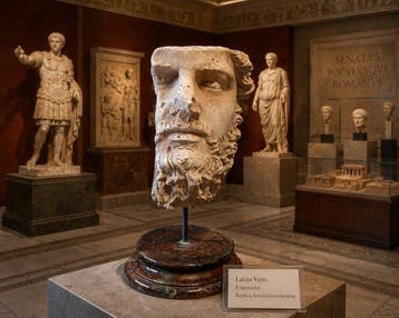 Kalkstenen replika van het hoofd van de oude Romeinse keizer