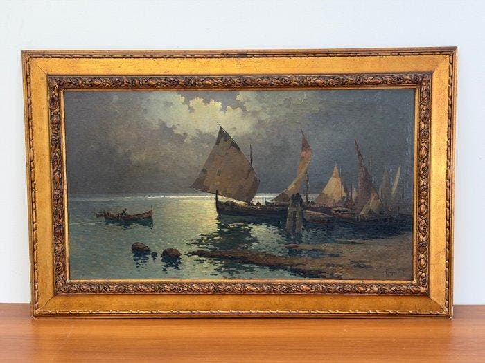 Ercole Magrotti (1890-1967) - Notturno con barche da pesca, Antiquités & Art, Art | Peinture | Classique