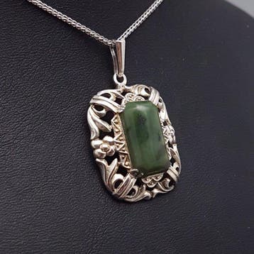 Zilver, Art Deco / Nouveau, Jadeïet - Ketting met hanger