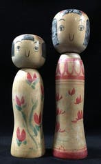Set van 2 / Japanse vintage houten kokeshi-poppen (Hoogte: