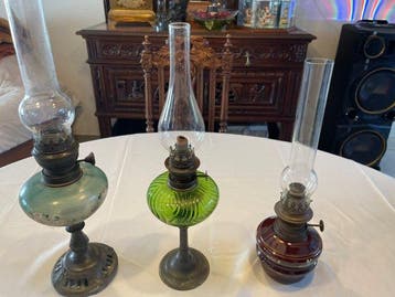 Petroleumlamp (3) - Messing, Porselein, Glas