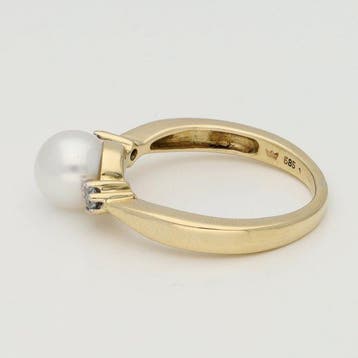 Bague - 14 carats Or jaune Perle - Diamant