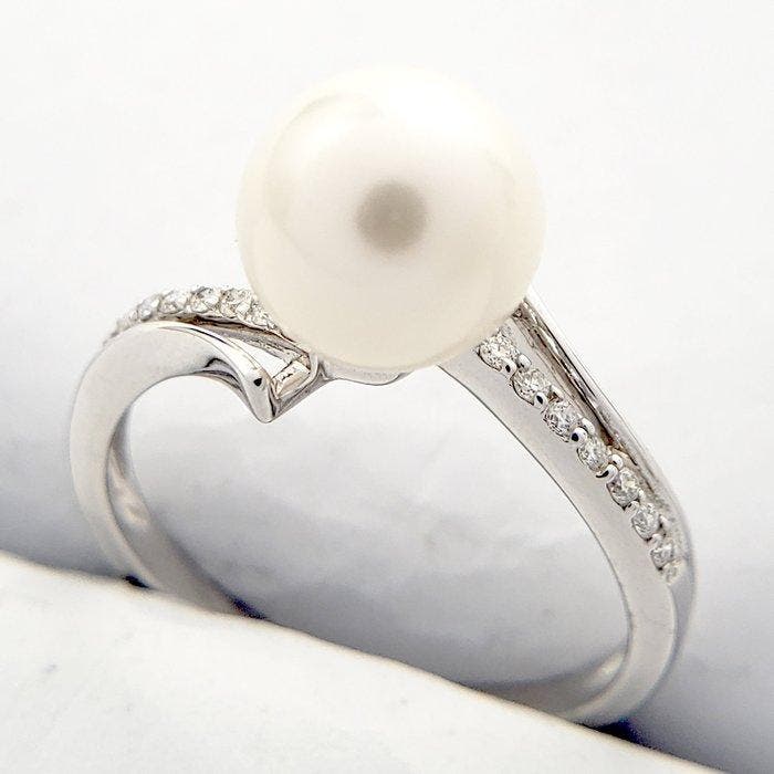 Ring - 14 karaat Witgoud - 4.25ct. tw. Parel - Diamant, Handtassen en Accessoires, Ringen