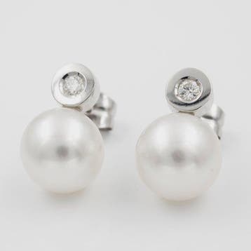 Oorbellen - 18 karaat Witgoud Diamant (Natuurlijk) - Parel
