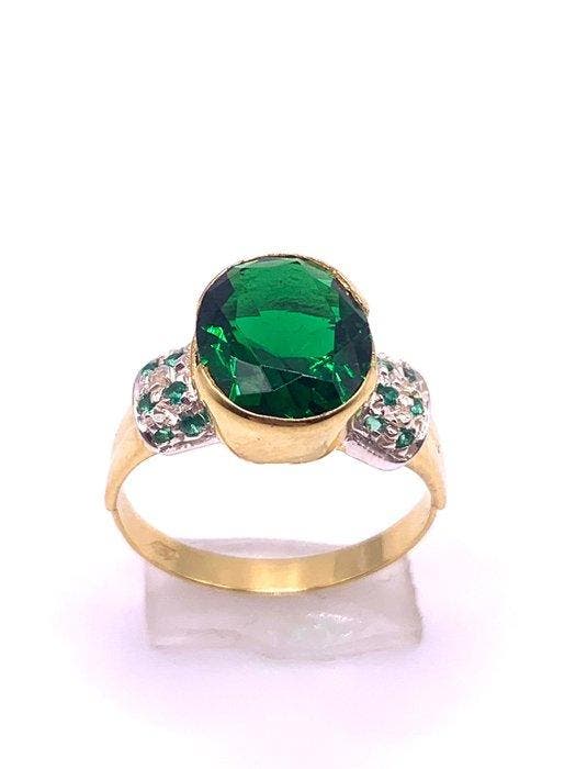 Zonder minimumprijs - Ring - 9 kt. Geel goud, Zilver Smaragd, Bijoux, Sacs & Beauté, Bagues