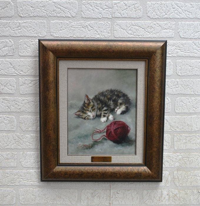 Lodewijk Busing - Slapend Katje naast bolletje wol, Antiek en Kunst, Kunst | Schilderijen | Modern