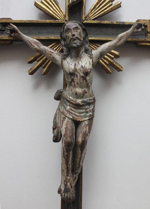 Antique Crucifix - Bois polychrome - aux environs de 1700 -, Antiquités & Art, Antiquités | Autres Antiquités