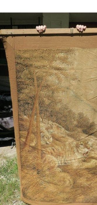 Groot Japans wandtapijt met tijgers - Zijde - Japan - Begin