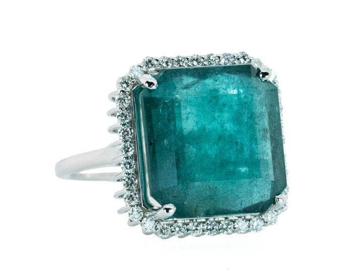 Ring - 14 karaat Witgoud, Green (Zambia) Minor Oil -, Handtassen en Accessoires, Ringen