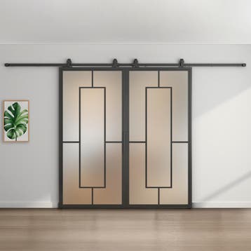 Dubbele stalen schuifdeur - Zwart - 5 Vlaks - Mat glas