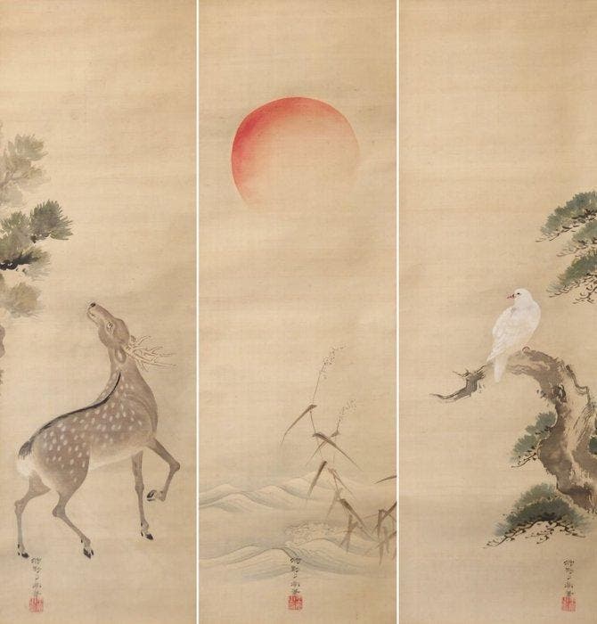 Hanging Scroll (Kakejiku) - Pigeon, Rising Sun, and Deer -, Antiek en Kunst, Antiek | Overige Antiek