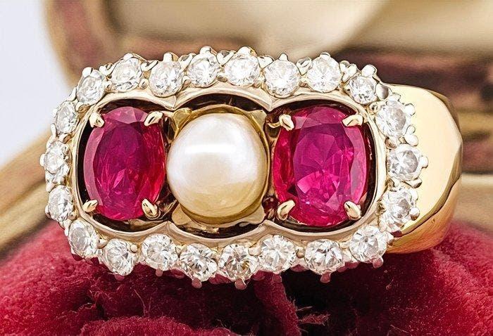 Bague - 18 carats Or jaune, Or blanc Rubis - Diamant, Handtassen en Accessoires, Ringen