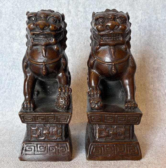 Beeld, Set foo dogs - 15 cm - Brons, Antiek en Kunst, Curiosa en Brocante