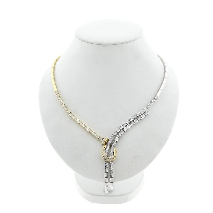 Bicolor gouden staafjescollier met zirconia (Ketting), Handtassen en Accessoires, Kettingen, Goud, Gebruikt, Met edelsteen, Goud
