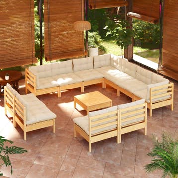 vidaXL 12-delige Loungeset met crèmekleurige kussens, Tuin en Terras, Verzenden, Nieuw, Loungeset