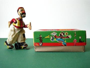 TPS - Clown op rolschaats - Opwindbaar blikken speelgoed -, Antiek en Kunst, Antiek | Speelgoed