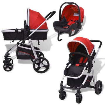 vidaXL Wandelwagen 3-in-1 aluminium rood en zwart, Verzenden