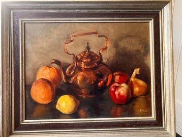Kunzel (xx) - Stilleven met fruit en koperen ketel, Antiek en Kunst