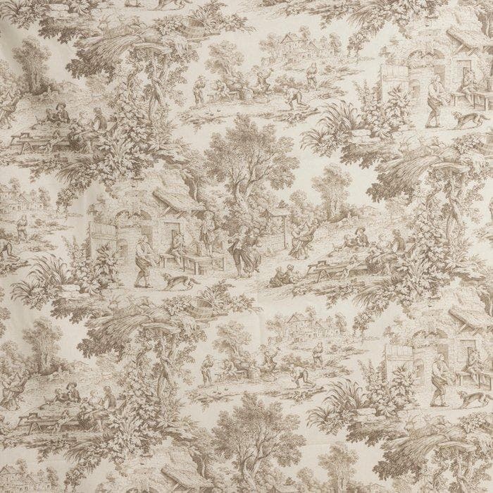AA029 - Verfijnde Toile de Jouy Taupe Tortora - Meubelstof -, Antiek en Kunst, Antiek | Tapijten, Tafelkleden en Textiel