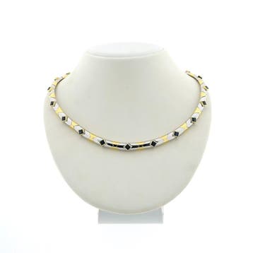 Bicolor gouden fantasie collier met saffier (Ketting), Gebruikt, Ophalen of Verzenden, Met edelsteen, Goud