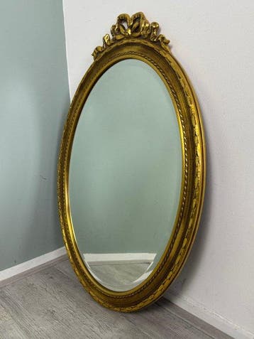 Spiegel- Vintage Ovale Wandspiegel – Goud met Lodewijk XVI, Antiek en Kunst