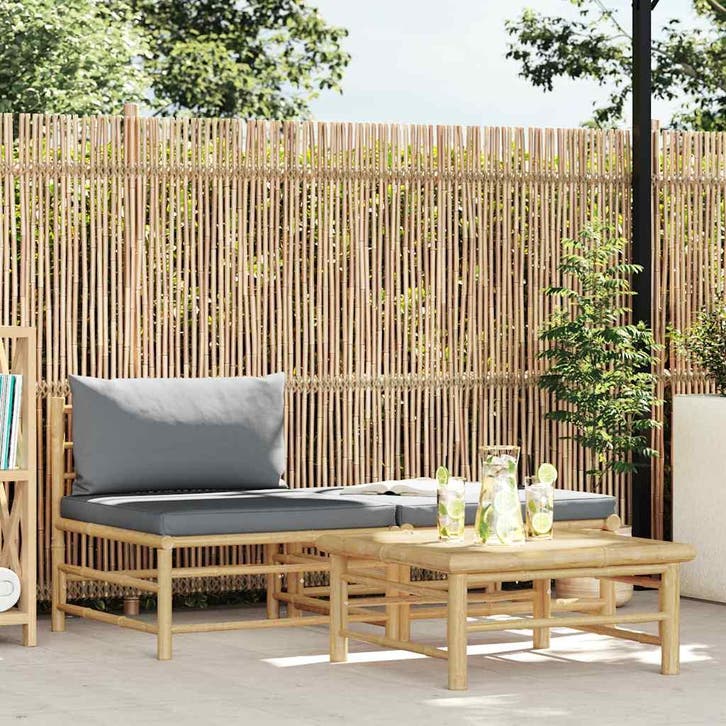 vidaXL 3-delige Loungeset met donkergrijze kussens bamboe, Jardin & Terrasse, Ensembles de jardin, Envoi