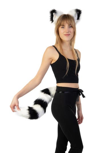 KIMU® Haarband Furry Oren Staart Set Zwart Wit Strepen Maki, Ophalen of Verzenden, Nieuw