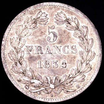 Frankrijk. Louis Philippe I. 5 Francs 1834-B, Rouen (Zonder, Postzegels en Munten