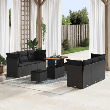 vidaXL Tuinbank Set met kussen 9 pcs Zwart poly rattan, Verzenden, Nieuw